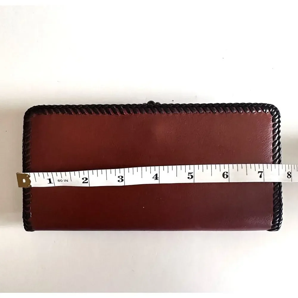 Vintage Brown Calf Leather Whipstitched Wallet with Double Kisslock VTG